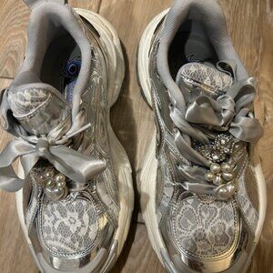 OLD ORDER Silver Chunky Sneakers w/ Lace & Pearl Charms